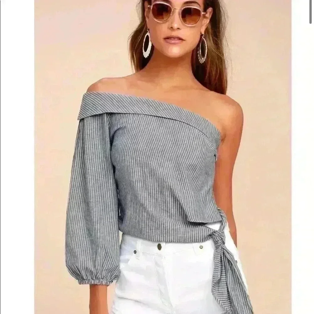 Free People Blue Striped One Shoulder Crop Top